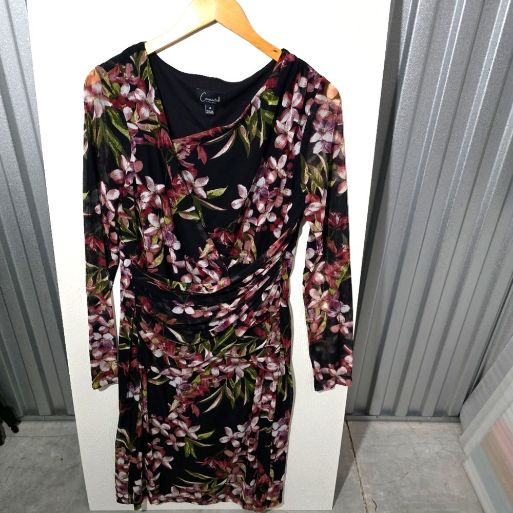 Connected Apparel Floral Drapped Dress  Black Pink and Green Women's Siz…